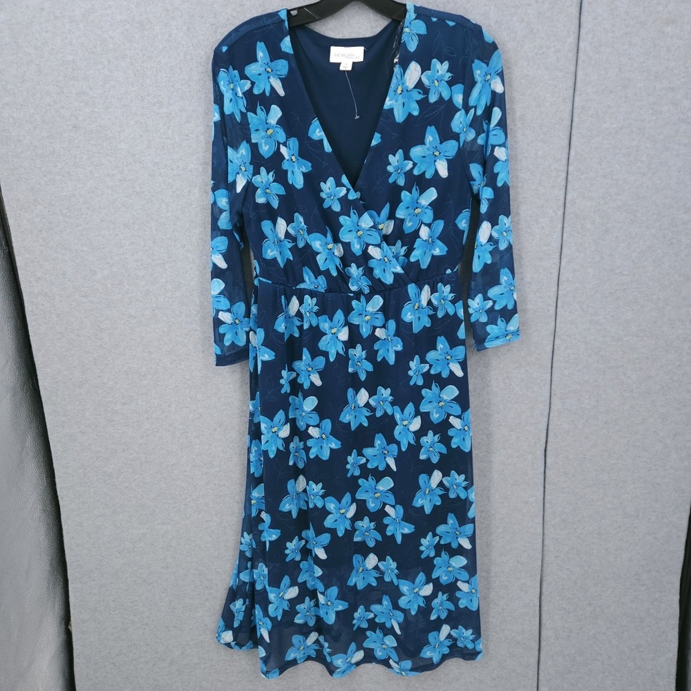 Morgan Taylor Surplice Neck 3/4 Sleeve Blue Floral Dress Womens Size M